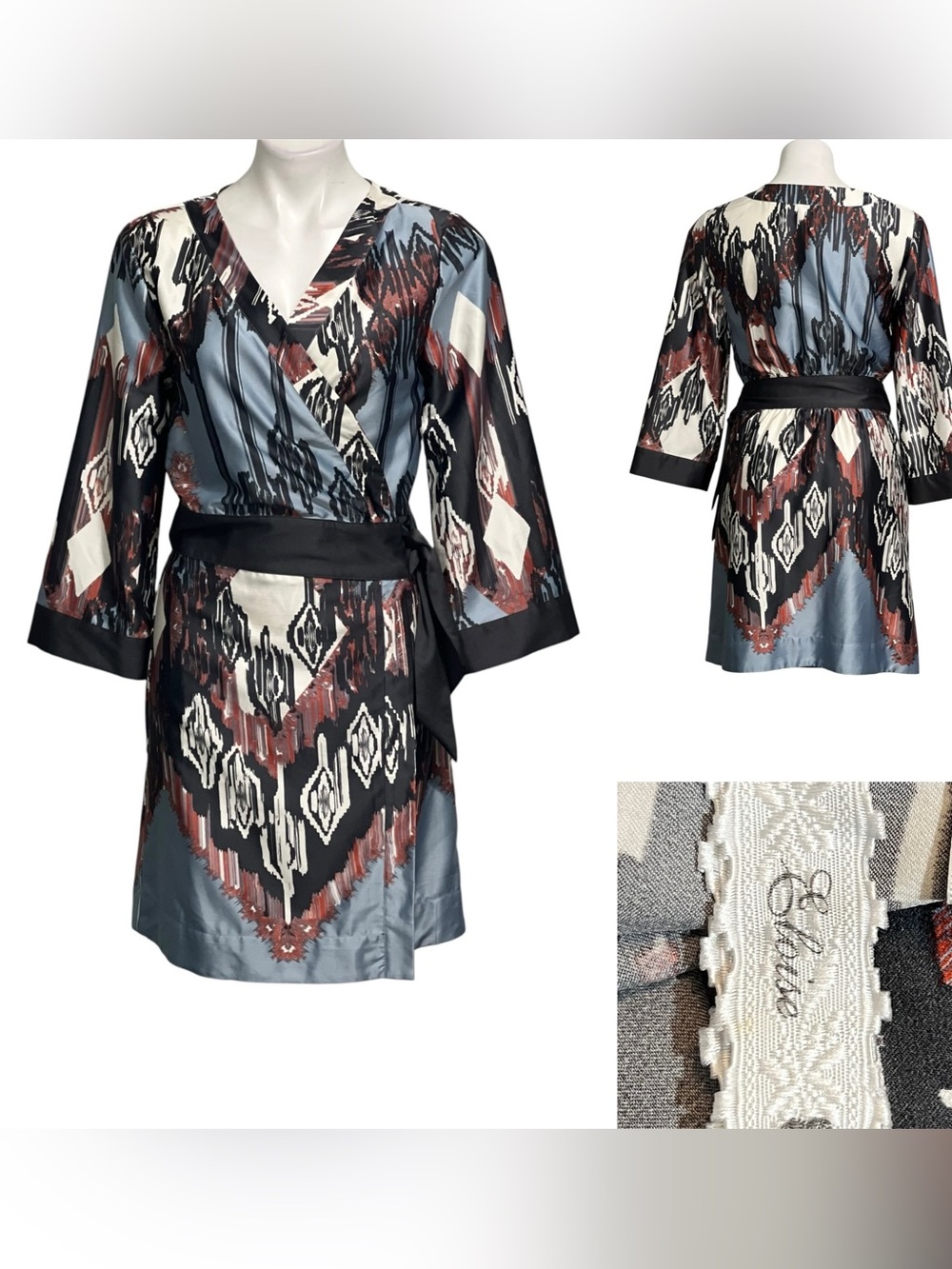 Anthropologie ELOISE Dress Med Black White Southwest Tribal Kimono Wrap‎ Style